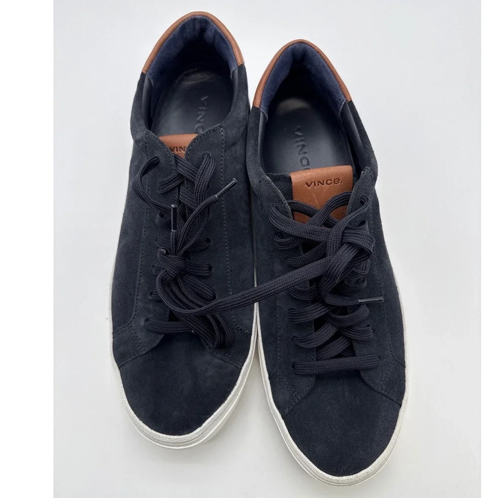 Vince Mens Suede Low Top Sneakers Navy Blue Brown Leather Trim Lace Up Shoes